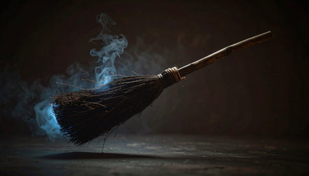 Surreal conceptual halloween scene featuring floating witch broomstick with glowing neon blue aura, dark backgroundの素材