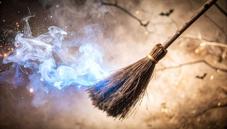 Surreal conceptual halloween scene featuring floating witch broomstick with glowing neon blue aura, dark backgroundの素材