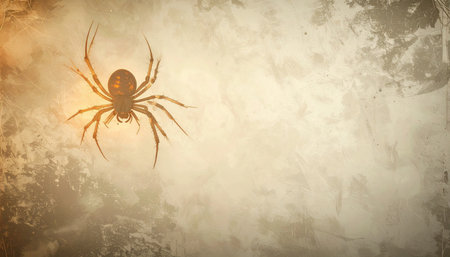 Surreal halloween concept featuring floating neon orange spider with glowing legs, dark moody backgroundの素材