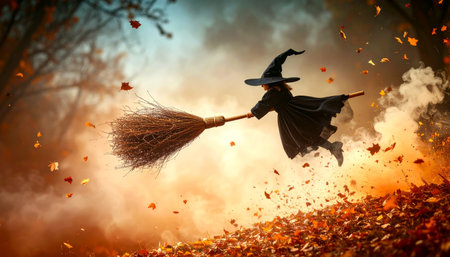 Surreal conceptual halloween scene featuring floating witch broomstick with glowing neon blue aura, dark backgroundの素材