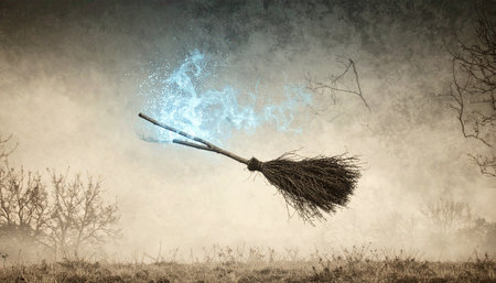 Surreal conceptual halloween scene featuring floating witch broomstick with glowing neon blue aura, dark backgroundの素材