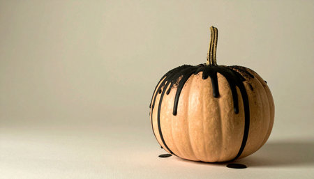 Minimalist pastel peach pumpkin decorated with matte black drip paint effect, placed on pure white background, modern halloween decorの素材
