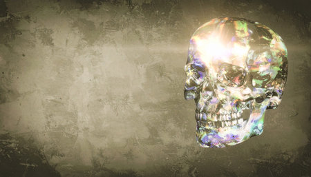 Surreal conceptual halloween skull made of clear crystal with internal glowing rainbow light, floating in dark voidの素材
