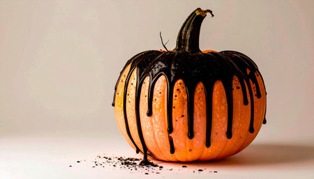 Minimalist pastel peach pumpkin decorated with matte black drip paint effect, placed on pure white background, modern halloween decorの素材