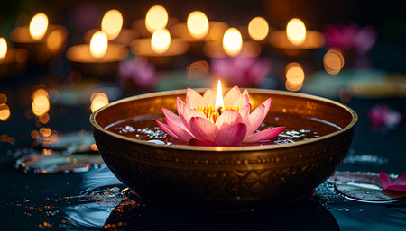 Realistic single golden brass lotus diya lamp with sculpted petals glowing softly on dark background, Diwali decor conceptの素材