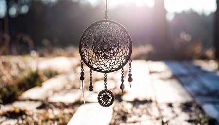 Closeup of intricate metal sun catcher hanging in equinox sunlight, geometric shadows forming perfect symmetrical patterns on weathered wooden deckの素材