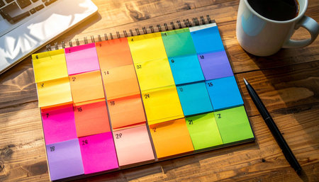 Flat lay of a monthly calendar made entirely of colored sticky notes  on wooden desk, each day marked with events and deadlines, coffee mug and pen nearby, morning lightの素材
