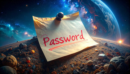 Macro shot of a yellow sticky note with PASSWORD hastily written in red marker, crumpled corner, pinned to corkboard with rusty thumbtack, office humor.の素材