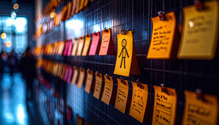 Closeup of a sticky note with hand drawn stick figure mid movement, pinned beside  sequential notes on animation wireframe, studio lightingの素材