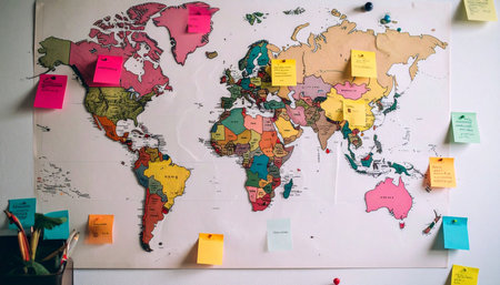 World map with color coded sticky notes marking cities, pushpin connections, office desk clutterの素材