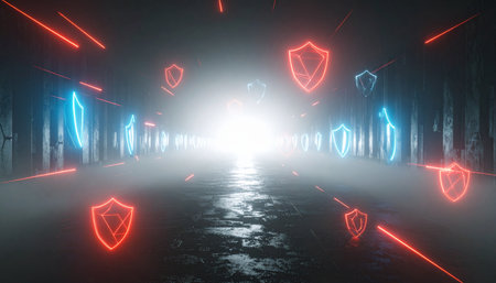 Transparent hexagonal shields orbiting glowing data streams in a crystalline maze, red hacker arrows shattering against barriers, depth filled cyber tunnel.の素材