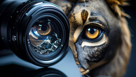 Kaleidoscopic lens splitting facial features into animal hybrids, digital glitches at fracture lines, chrome background.の素材