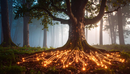 Ancient tree with circuit board roots absorbing data streams from soil, glowing sap circulating binary code, forest at twilight.の素材