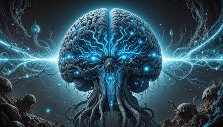 Bright glowing circuit lines forming a brain shape over a black background, symbolizing artificial intelligence and machine learning, symmetrical designの素材