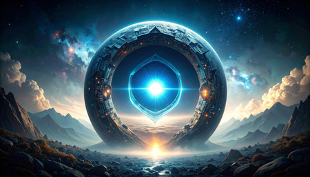 A futuristic wall of code and firewall structure with a glowing AI core in the center, representing digital protection and machine intelligence, techy dark palette, no text.の素材