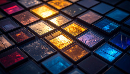 Antique microscope slides arranged like a mosaic, backlit with stained glass coloursの素材