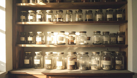Cabinet of curiosities with labeled jars casting long shadows, tungsten bulb warmthの素材
