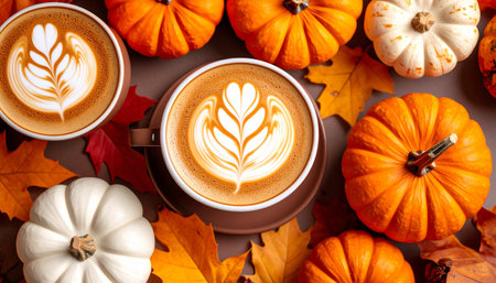 Pumpkin spice latte foam art arranged in autumn leaf patternsの素材