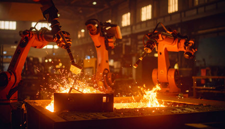 Assembly line robots violently throwing smartphones and appliances into molten metal pit, sparks flying, dark factory atmosphere with emergency lighting.の素材