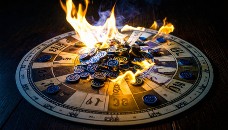 Classic Monopoly game burning from center outward, metal tokens melting, GO square last to catch fire, symbolic economic reboot.の素材