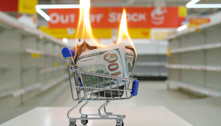 dollar bills slowly burning in shopping cart surrounded by empty shelves with no stock signs, dramatic orange lighting, hyperinflation concept.の素材