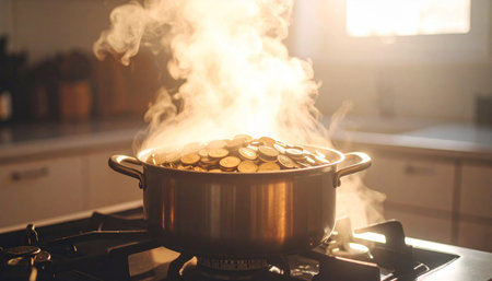 Metal cooking pot filled with gold coins bubbling and overflowing on a stovetop, symbolizing overheated markets or inflation, dramatic steam and lightingの素材