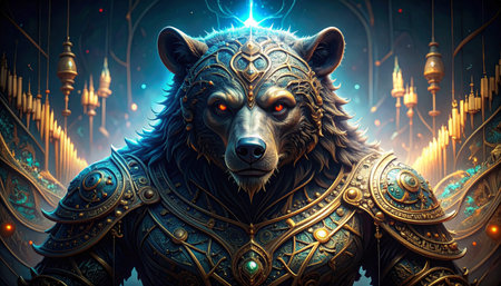 Dark bear silhouette casting a shadow over a cracked digital stock market chart, concept of bear market dominance, low light and moody colors,の素材