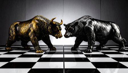 Metal bull and bear figurines locked in standoff on a black-and-white chessboard, symbolizing strategic battle in financial markets, studio lightingの素材