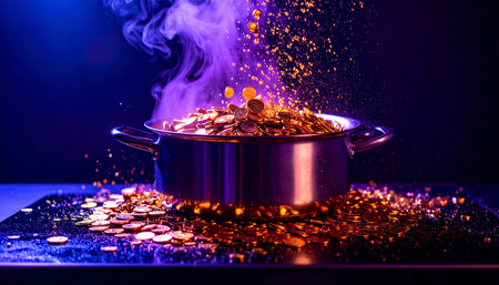 Metal cooking pot filled with gold coins bubbling and overflowing on a stovetop, symbolizing overheated markets or inflation, dramatic steam and lightingの素材