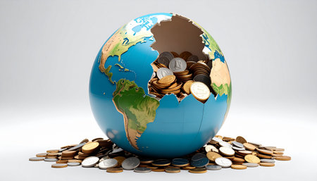 Earth globe sculpture cracked open like an egg, with various international coins spilling out, symbolizing global economic crisis, high-detail, studiolitの素材