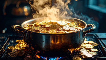 Metal cooking pot filled with gold coins bubbling and overflowing on a stovetop, symbolizing overheated markets or inflation, dramatic steam and lightingの素材
