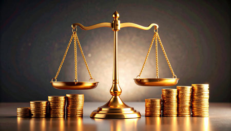 Classic golden weighing scales tipping unevenly with coins stacked on one side and nothing on the other, representing financial inequality or market imbalance, moody lighting, no humans.の素材