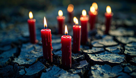 Descending red stock candles scattered over cracked dry earth texture, depicting market crash or economic downturn, intense shadows and neutral tones, no humans, no words.の素材