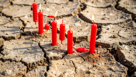 Descending red stock candles scattered over cracked dry earth texture, depicting market crash or economic downturn, intense shadows and neutral tones, no humans, no words.の素材