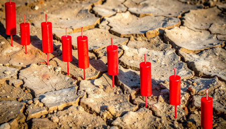 Descending red stock candles scattered over cracked dry earth texture, depicting market crash or economic downturn, intense shadows and neutral tones, no humans, no words.の素材