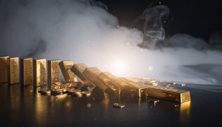 Domino pieces with embedded gold bars and small market icons toppling in a chain reaction on a reflective black surface, illustrating economic ripple effectsの素材