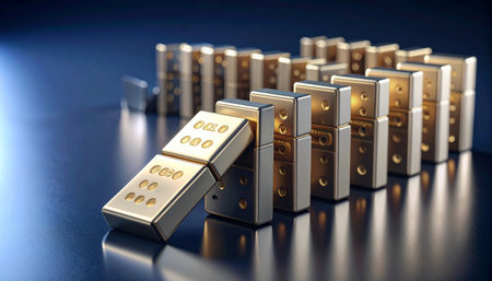 Domino pieces with embedded gold bars and small market icons toppling in a chain reaction on a reflective black surface, illustrating economic ripple effectsの素材