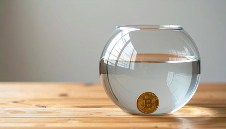 Transparent fishbowl with a single gold coin inside and no water, sitting on a wooden table, symbolizing scarcity or drained savings, natural daylight,の素材