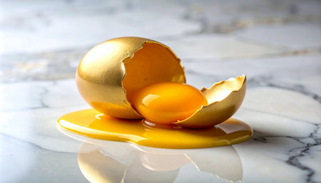 Single golden egg broken open with yolk spilling onto a polished marble surface, representing broken wealth or failed investments, sharp lighting and high contrastの素材