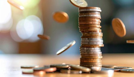 Tower of various coins mid collapse, caught falling in dynamic motion, representing financial instability or economic downfall, high speed capture, blurred backgroundの素材