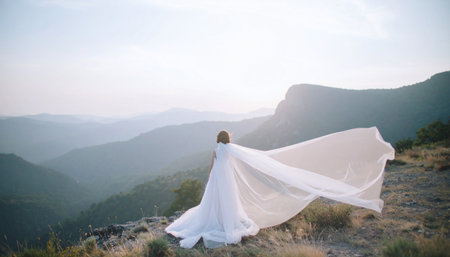 Dramatic windswept ivory silk veil anchored by antique brass comb on desert cliff edge, deep canyon backdrop under fiery sunset sky,cinematic wedding elopement sceneの素材
