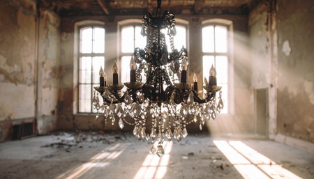 Dutch angle shot: Massive antique crystal chandelier hanging in dilapidated ballroom, sunbeams piercing broken windows illuminating dust motes, cracked marble floor reflections, shallow focus on center prism, gothic wedding atmosphereの素材