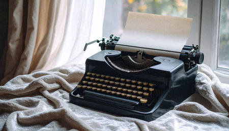 Overhead shot of  Antique typewriter typing, I Do, on ivory parchment, draped over crushed burgundy velvet, brass key details, soft window light casting delicate shadows, shallow dof, film grain textureの素材