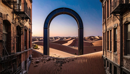steel arch sculpture casting long shadows over desert dunes, indigo twilight gradient, minimalist modern ceremony setting.の素材