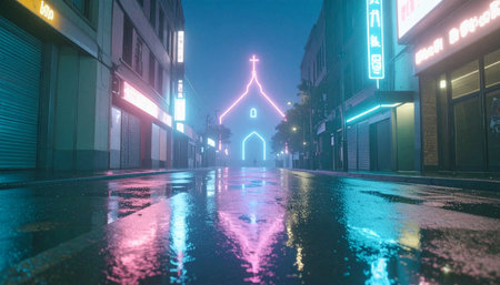 Wide cityscape minimalist chapel neon outline glowing in rainy alley, holographic ads reflected in puddles, teal-pink color grade, futuristic.の素材