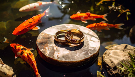 Top down macro  wedding bands on marble slab submerged in koi pond, fish swirling around, water surface ripples, dappled sunlight, tranquility.の素材
