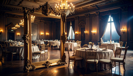Wide shot, Ornate gold framed mirror reflecting deserted ballroom with crystal tables, dust sheets draped over chairs, single spotlight beam, hauntingly elegant decayの素材