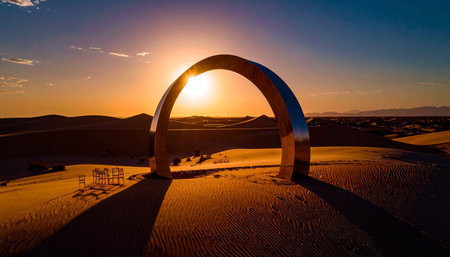 steel arch sculpture casting long shadows over desert dunes, indigo twilight gradient, minimalist modern ceremony setting.の素材