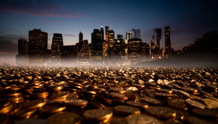 Major financial district buildings slowly sinking in sea of coins, some skyscrapers already half submerged, twilight lighting with fog.の素材