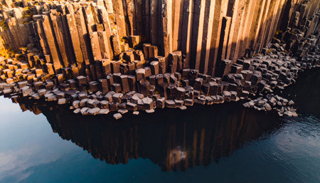 Basalt columns reflected in obsidian black pools, geometric nature.の素材